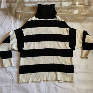 ZARA knit oversized striped b&w turtleneck sweater w/distressed design
